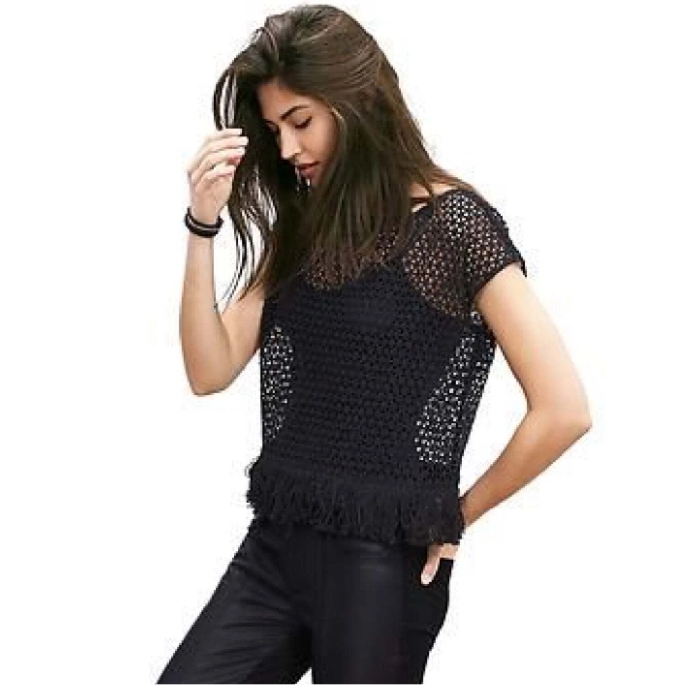 BANANA REPUBLIC Geo Fringe Black Fishnet Crochet Top Size Medium